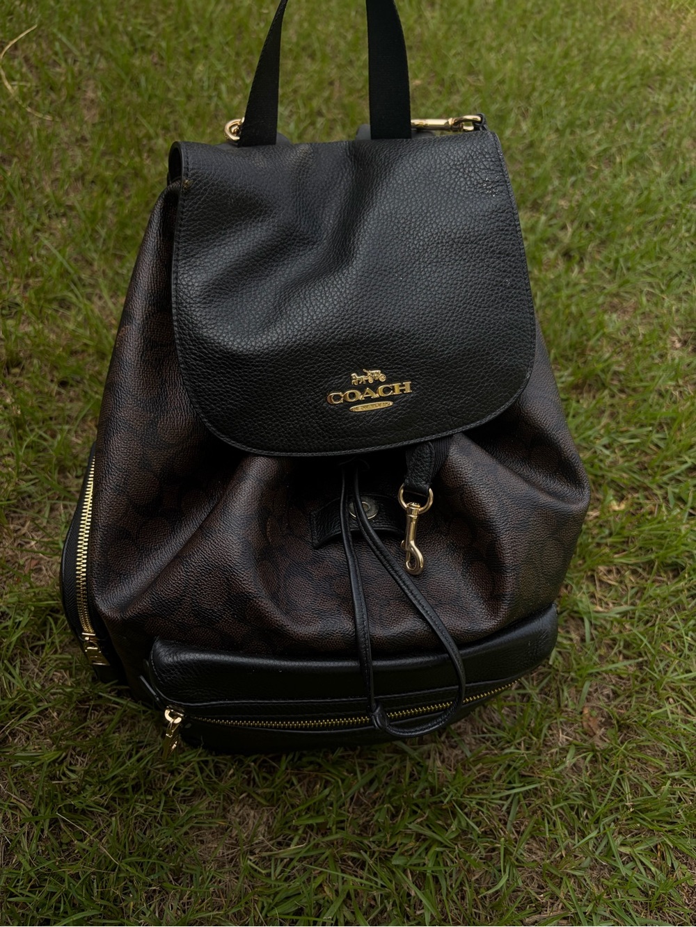Coach Brown Signature Canvas Backpack with Black Leather Trim baby bag